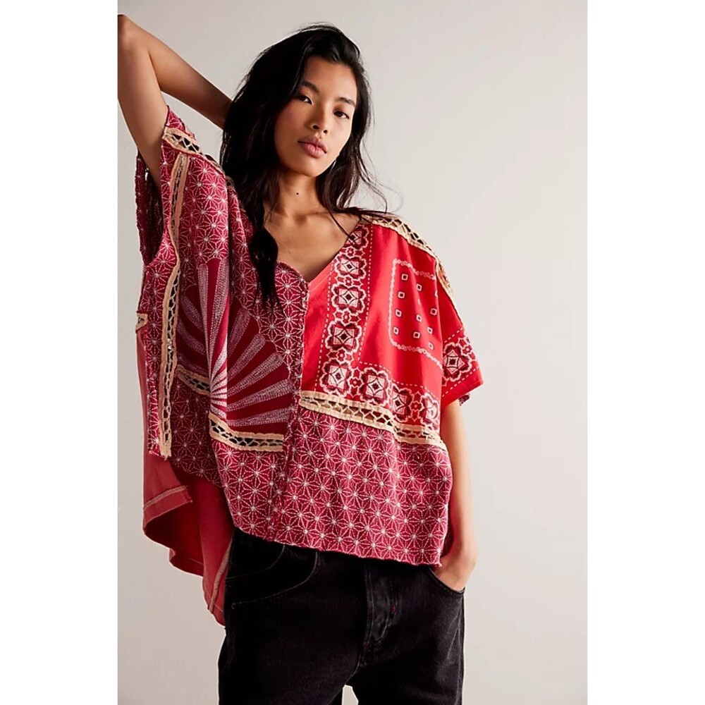 Free People Thunder Road Tee Coastal Cowgirl Tomato Girl Vintage Red Tunic